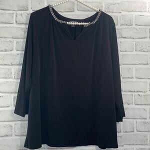 Liz Claiborne Blouse Black V Neck Embellished Neckline Rhinestones Size 1X